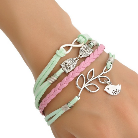 Sky Green & Pink Antique Silver Leaf Owl Bracelet